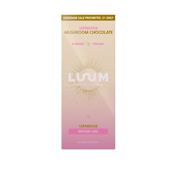 LUUM Birthday Cake Ultradose Mushroom Chocolate bar packaging